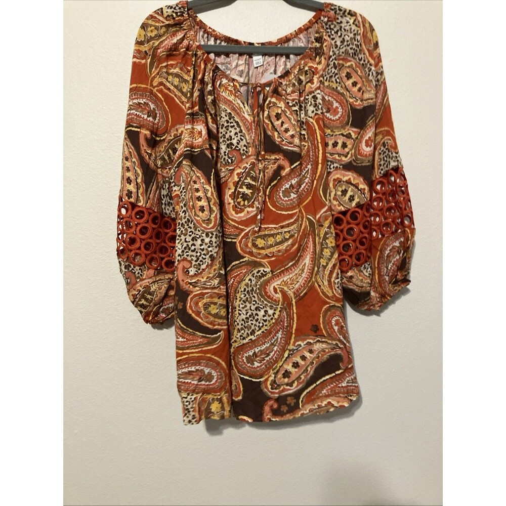 Cato Peasant Paisley Top Size 14/16W Boho Crochet Sleeve Hippie Orange New